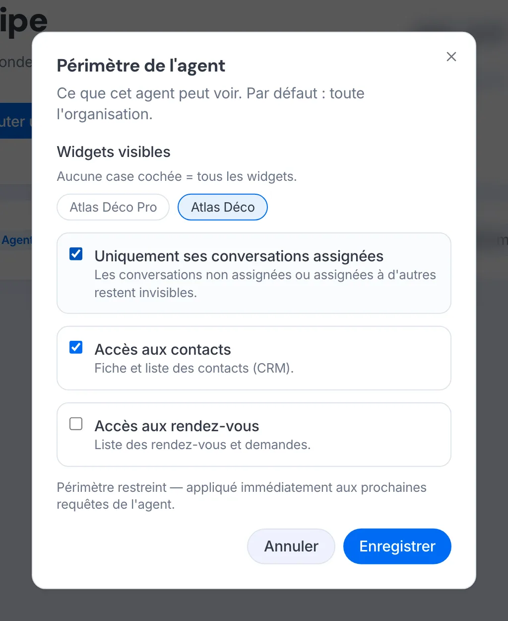 La fenêtre « Périmètre de l’agent ».