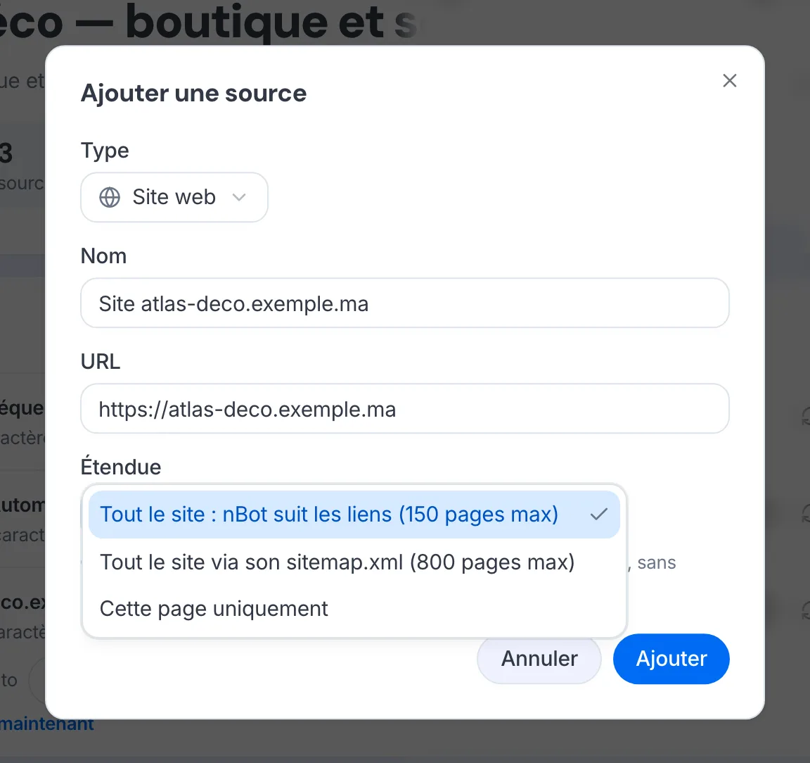 La fenêtre « Ajouter une source » avec le type Site web et le choix de l’étendue.
