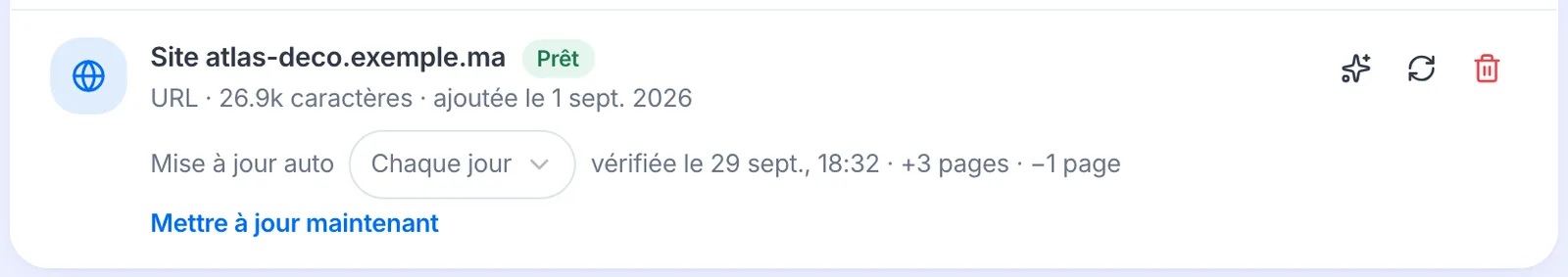 Une source Site web réglée sur « Chaque jour », avec la date de vérification.