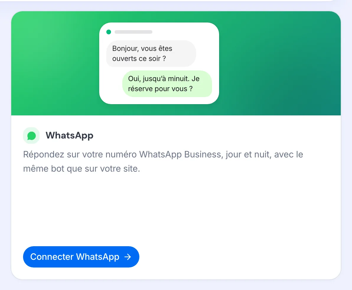 La carte WhatsApp de la page Canaux, avec le bouton « Connecter WhatsApp ».