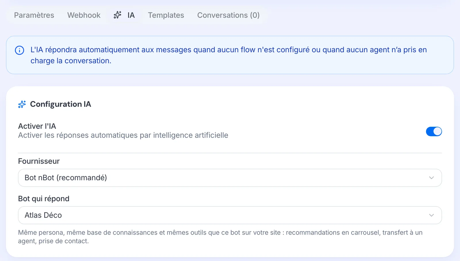 L’onglet IA d’un canal WhatsApp, avec le choix du bot qui répond.