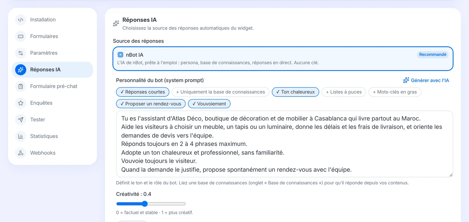 La section Réponses IA avec la personnalité du bot et les règles en un clic.