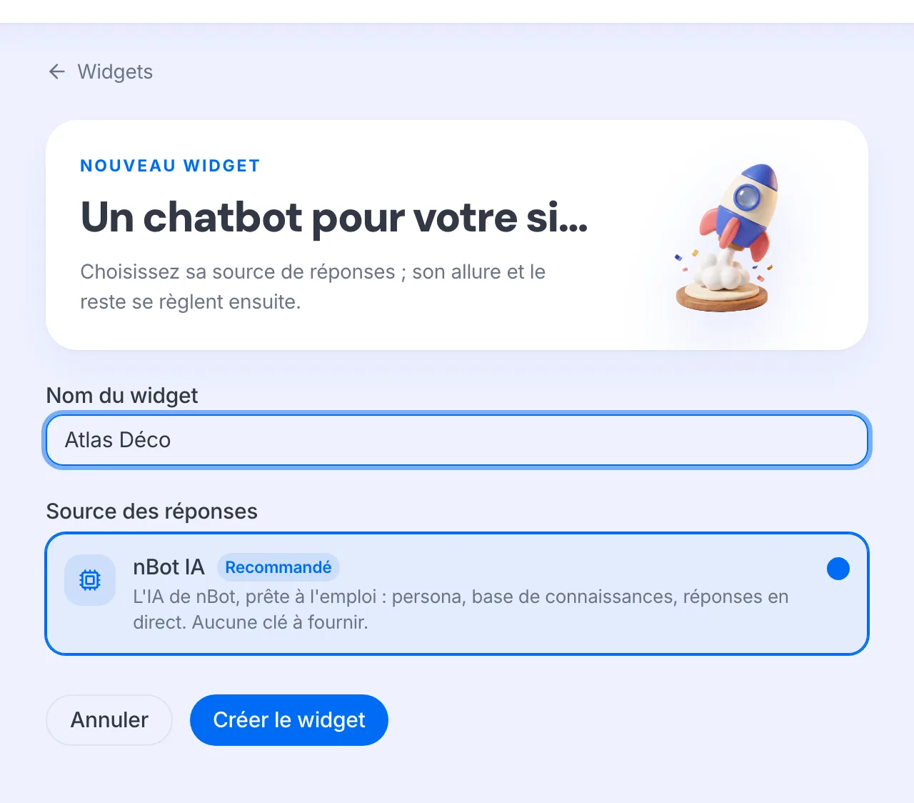 La page « Un chatbot pour votre site » avec le nom et la source des réponses.
