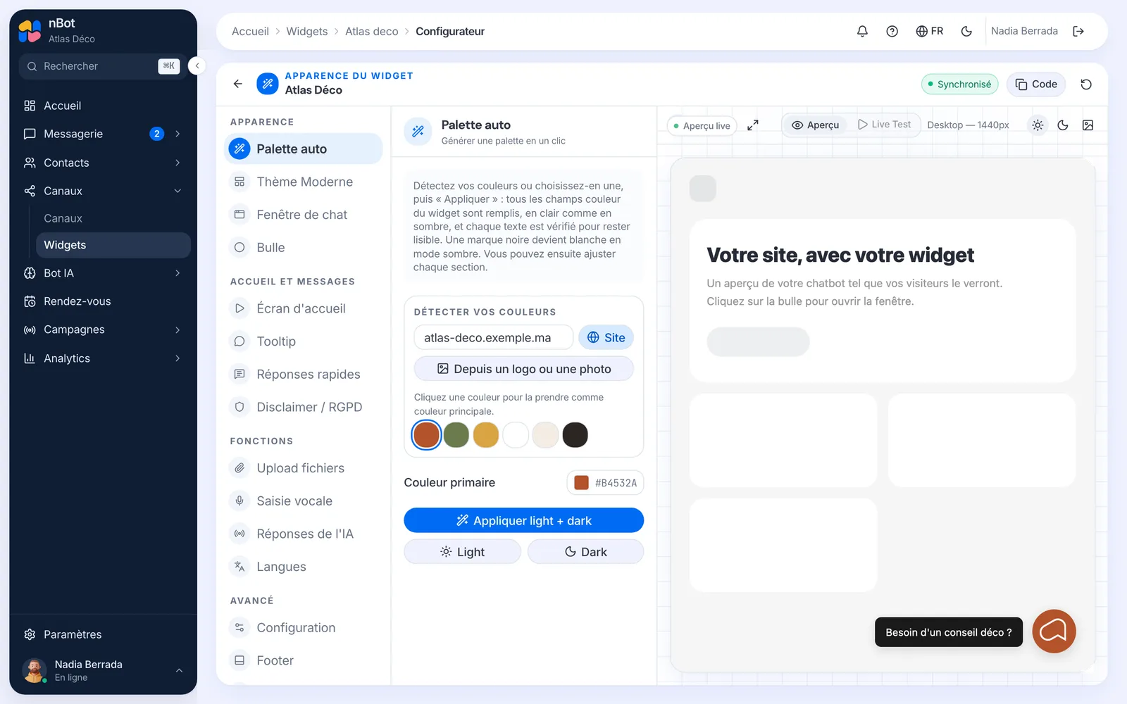 La Palette auto avec les couleurs détectées sur un site.