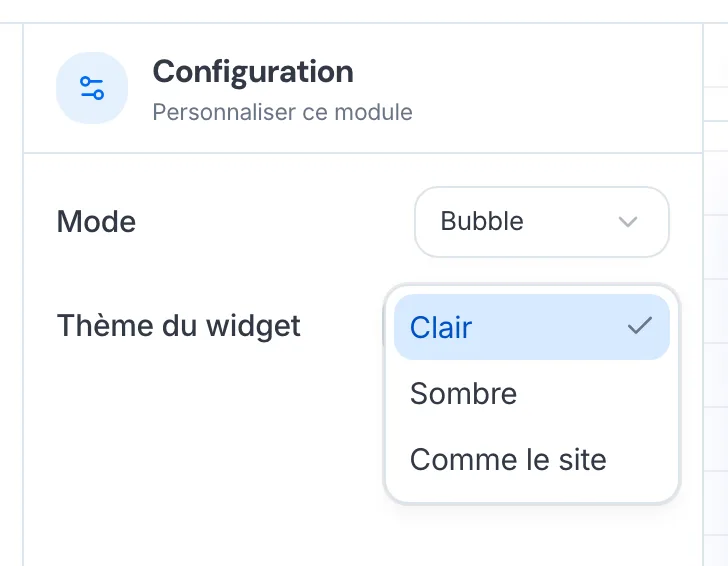Le choix du thème du widget : Clair, Sombre ou Comme le site.