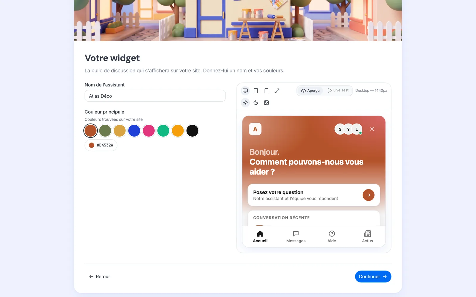L’étape « Votre widget » avec les couleurs détectées et l’aperçu du widget.