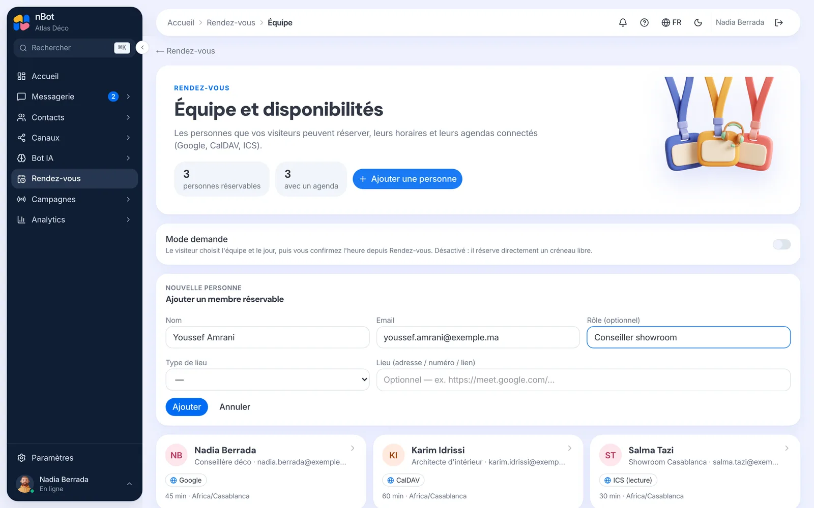 La page « Équipe et disponibilités » avec le formulaire d’ajout.