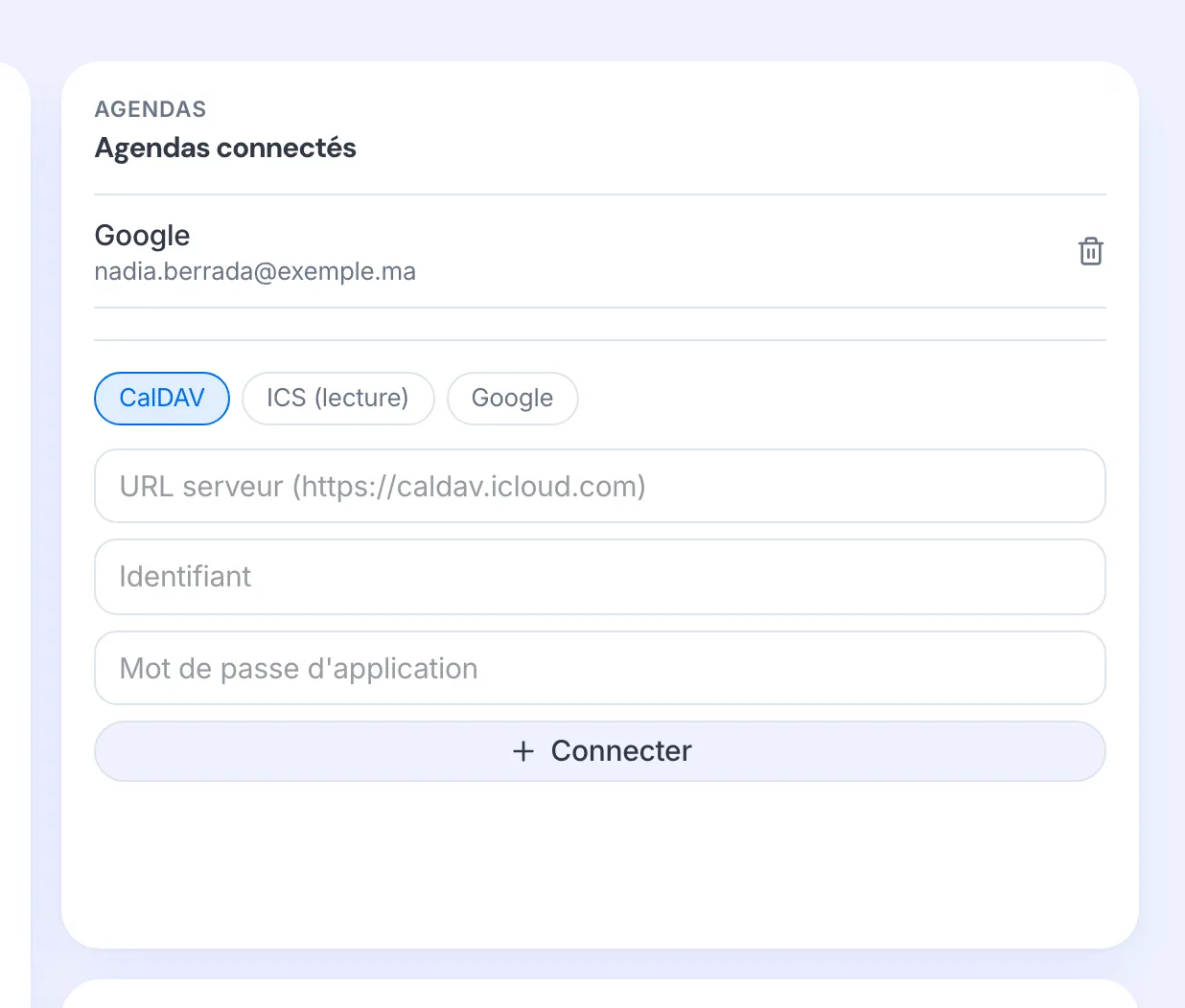 La section « Agendas connectés » avec les choix Google, CalDAV et ICS.