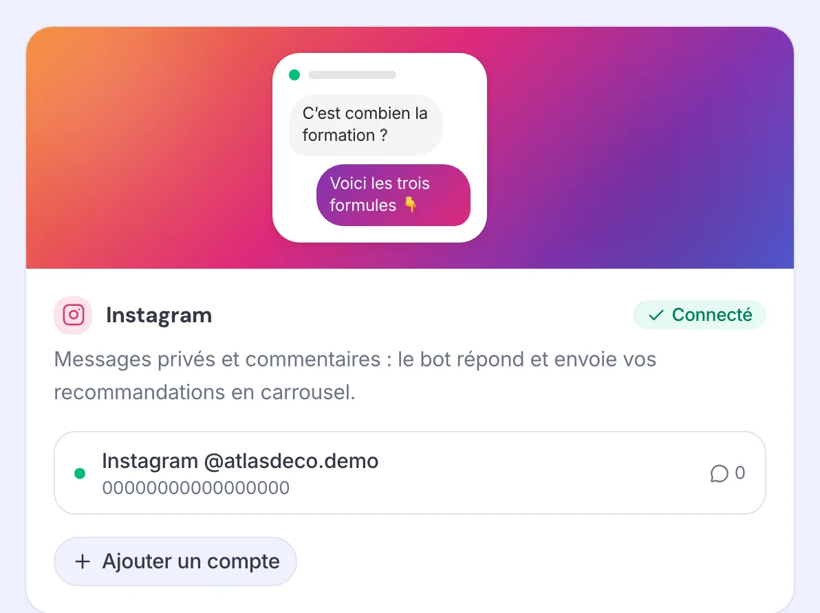La carte Instagram connectée sur la page Canaux.