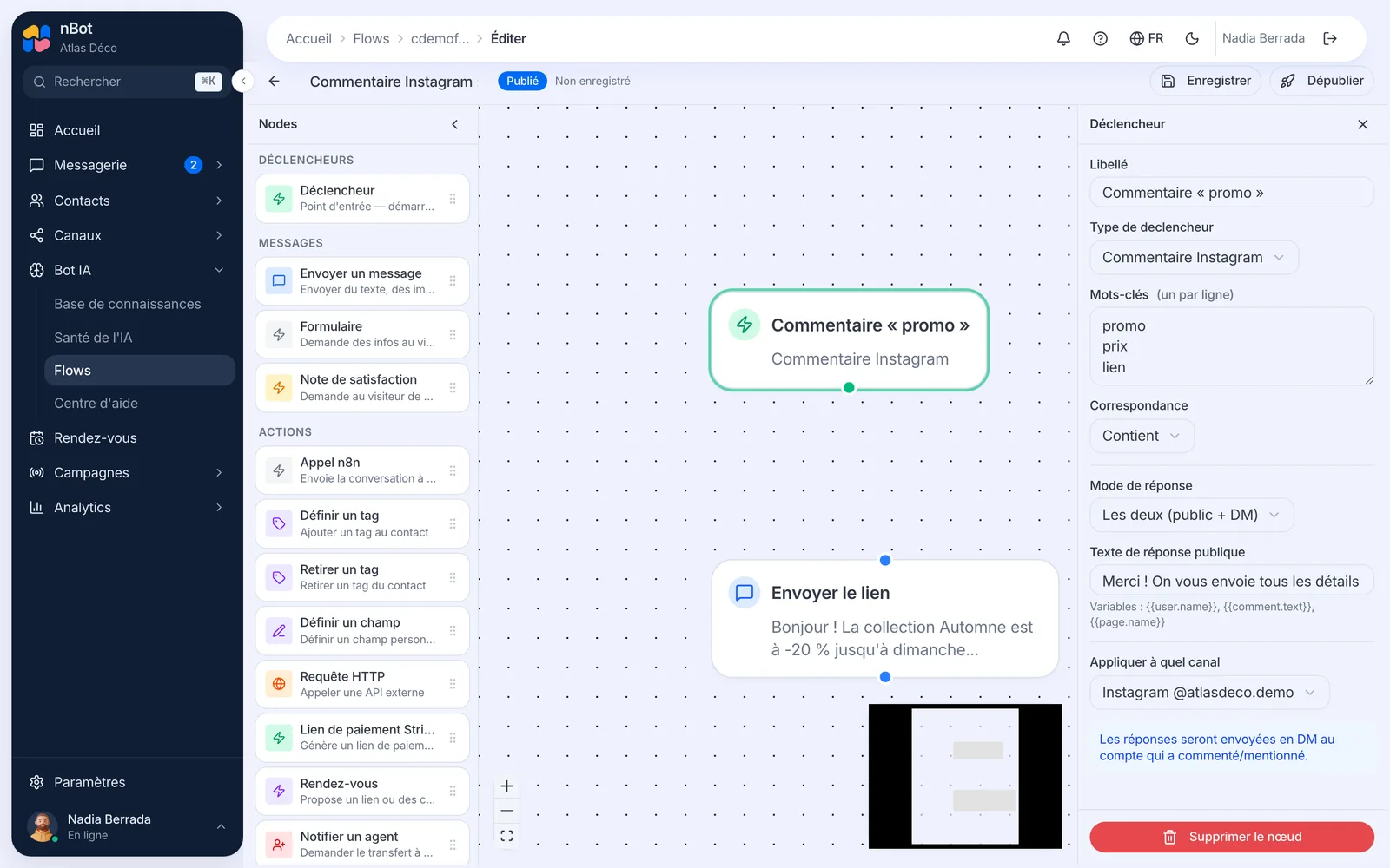 Le déclencheur « Commentaire Instagram » d’un flow, avec les mots-clés et le mode de réponse.