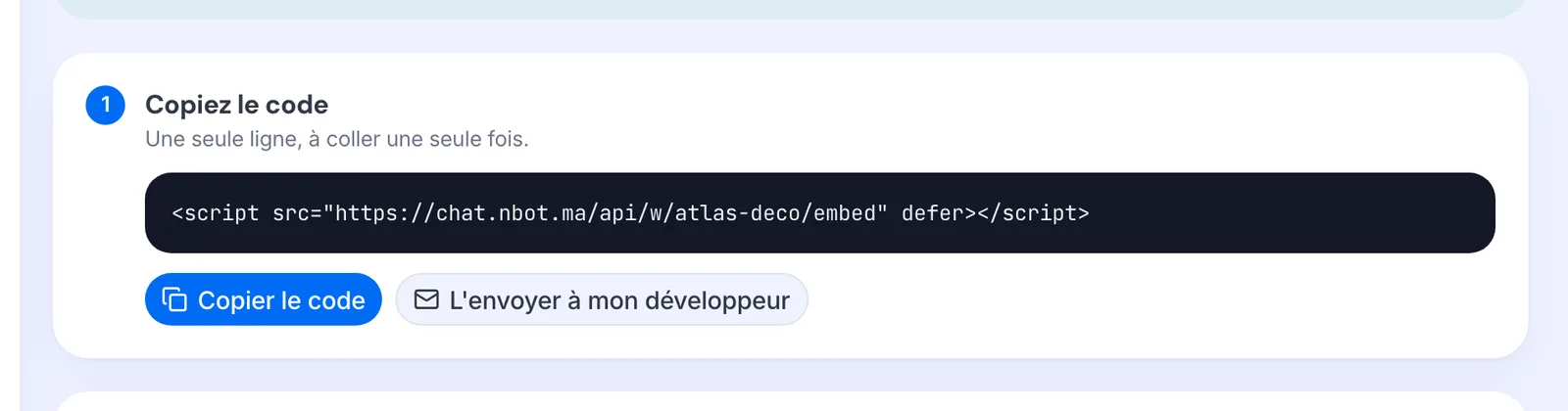 La section Installation d’un widget, avec les boutons « Copier le code » et « L’envoyer à mon développeur ».