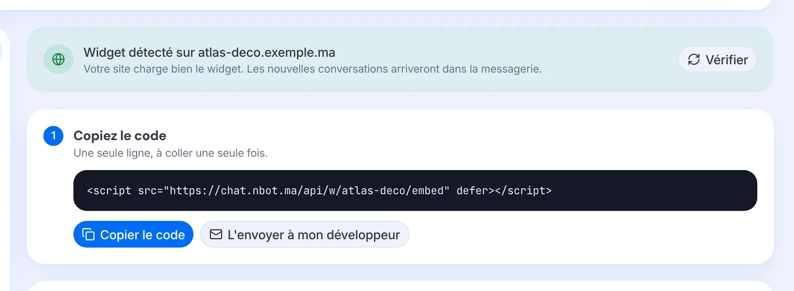 Le bandeau « Widget détecté » en haut de la section Installation.