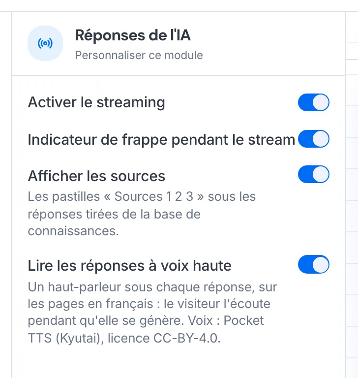 L’interrupteur « Lire les réponses à voix haute » dans les réglages Réponses de l’IA.