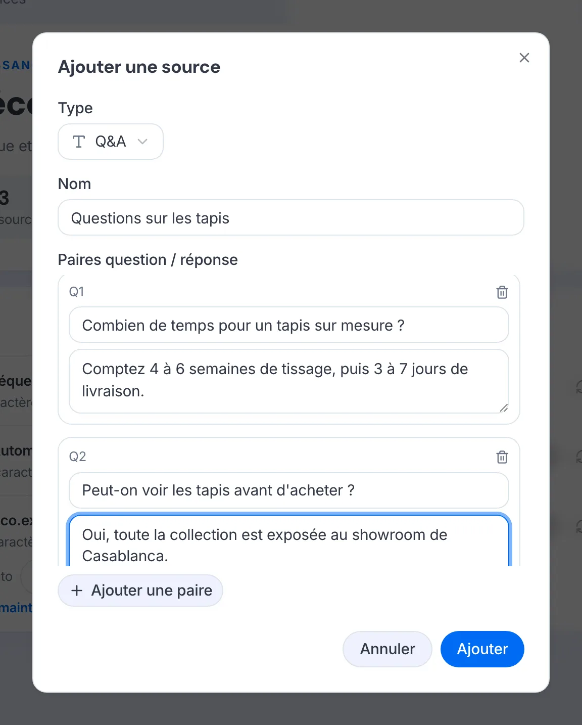 Des paires question / réponse en cours de saisie.