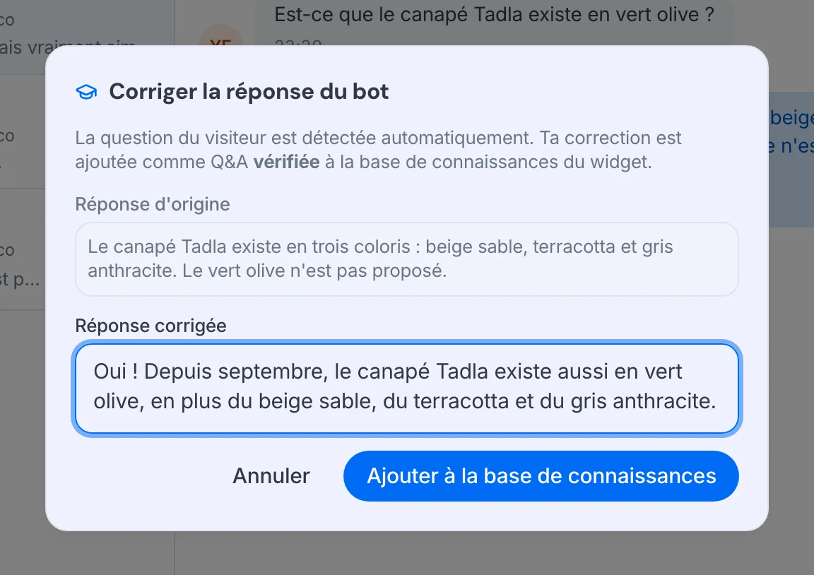La fenêtre « Corriger la réponse du bot » dans la messagerie.