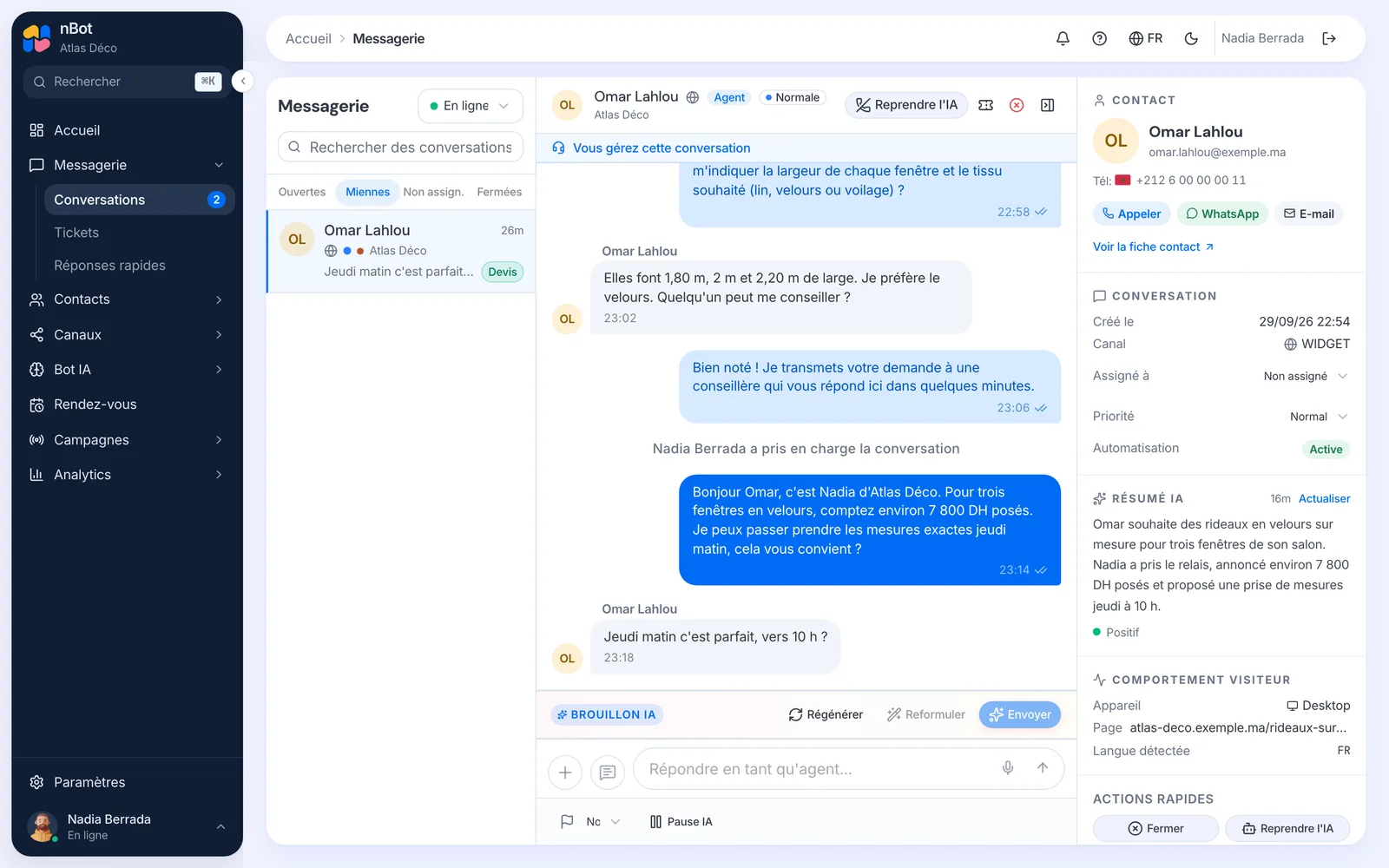 Une conversation prise en charge, avec le bandeau « Vous gérez cette conversation ».