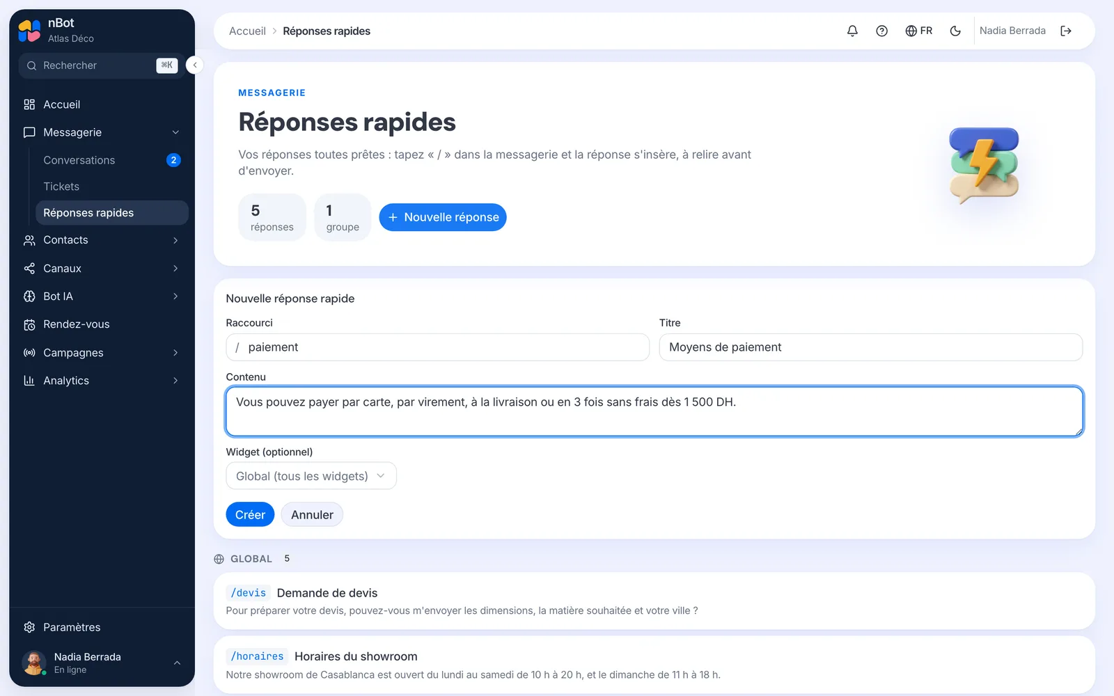 La page Réponses rapides avec le formulaire « Nouvelle réponse rapide ».