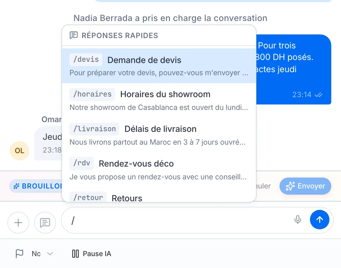 Le menu des réponses rapides ouvert après avoir tapé « / ».