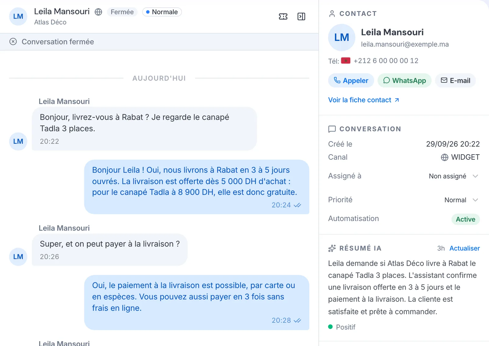 La section Résumé IA d’une conversation, avec le sentiment.