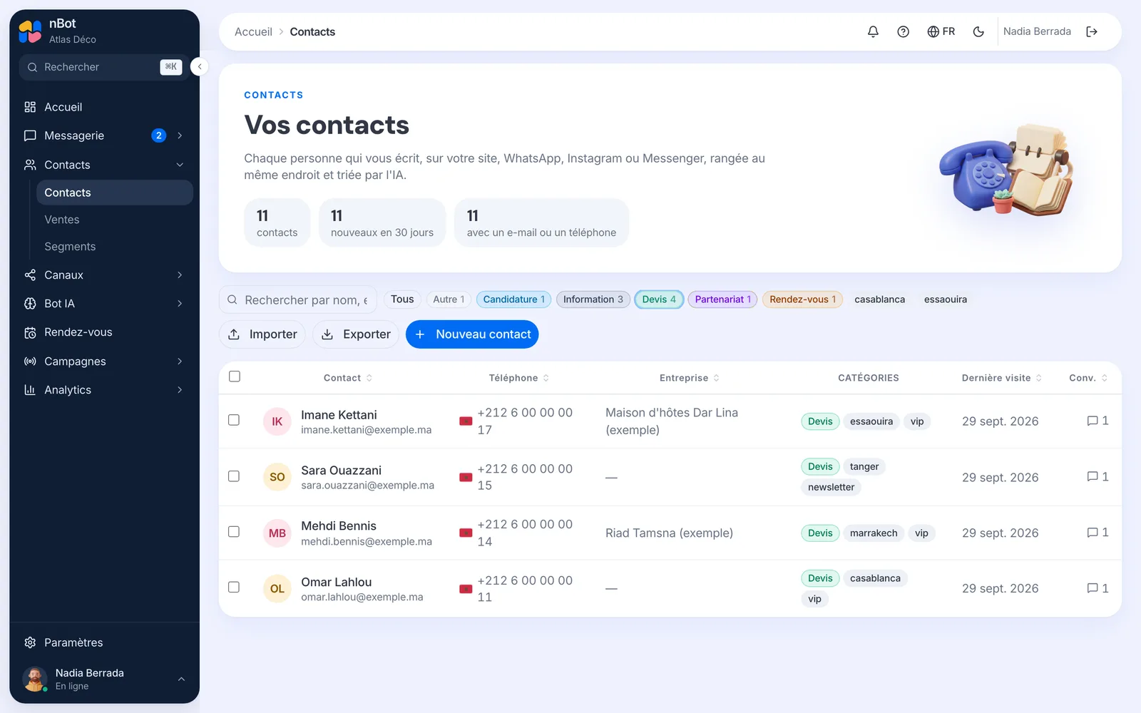 La liste des contacts filtrée sur la catégorie Devis.