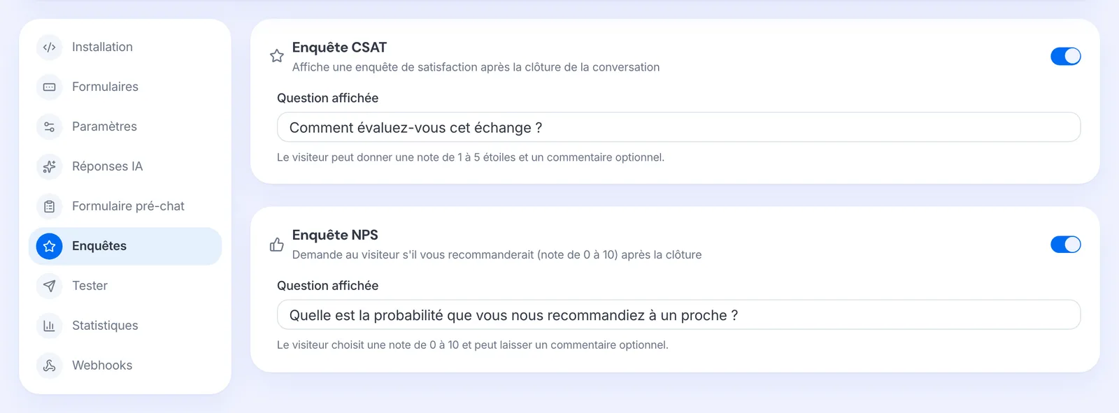 La section Enquêtes d’un widget, avec les enquêtes CSAT et NPS.