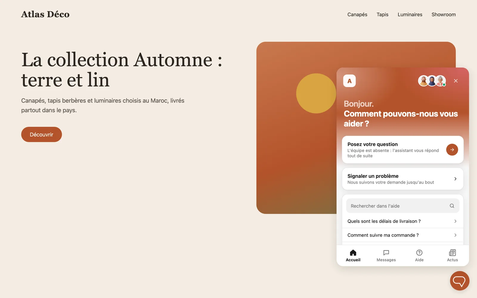 Le widget en thème Moderne, avec son accueil et ses onglets.