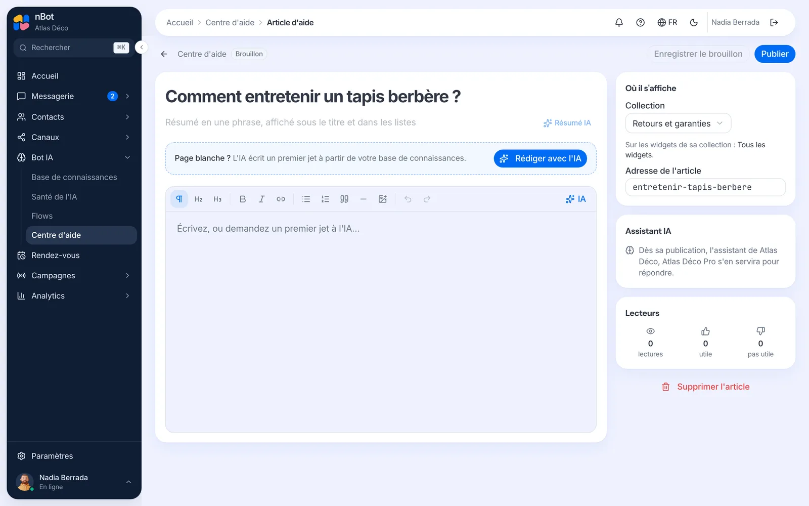 L’éditeur d’article du centre d’aide avec le bouton « Rédiger avec l’IA ».