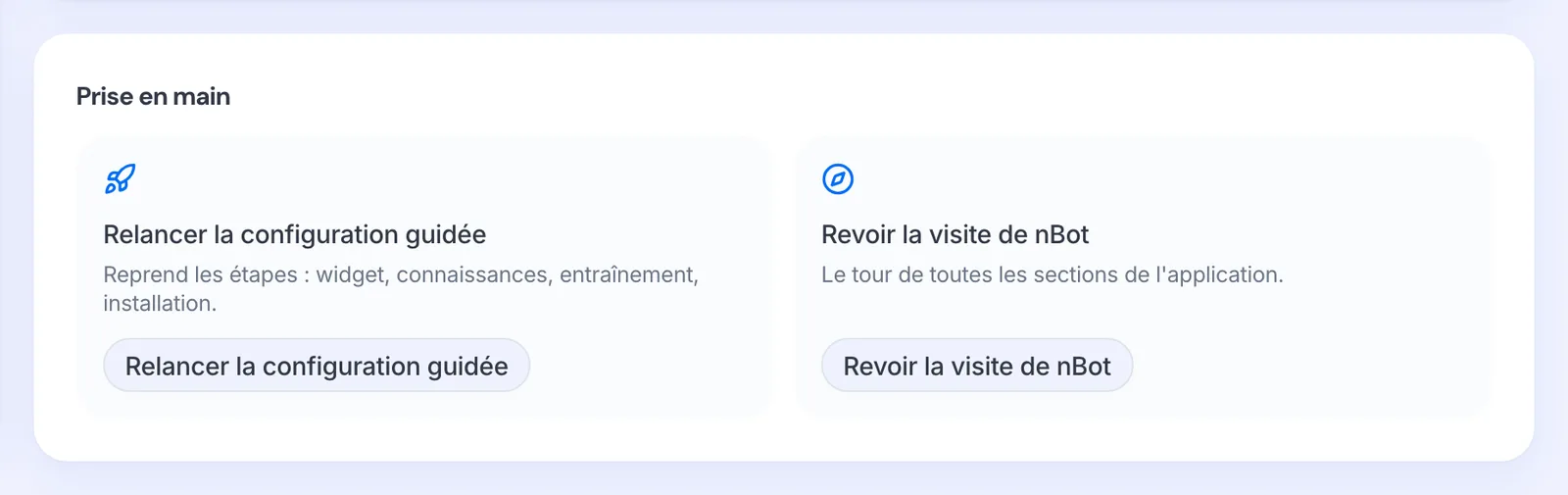 La section Prise en main des paramètres, avec « Revoir la visite de nBot ».